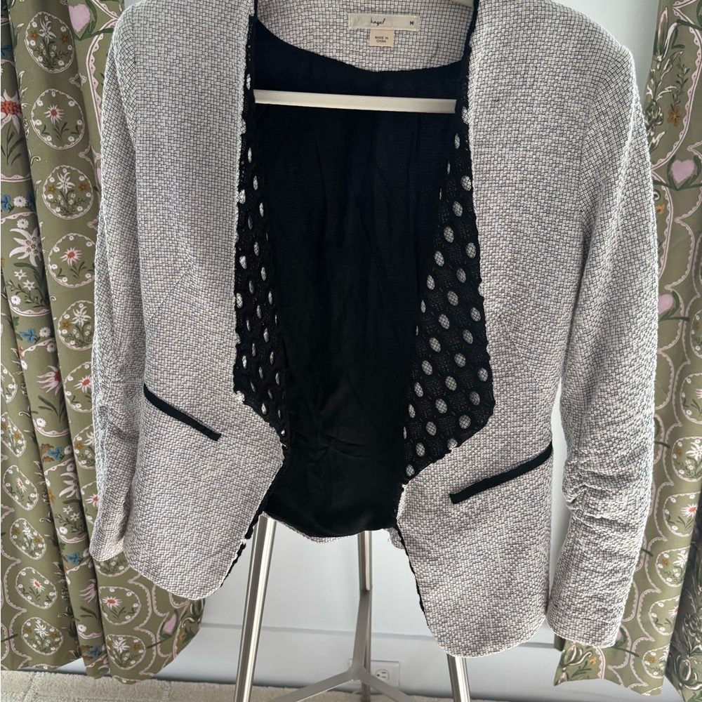 hazel Light Gray Bouclé Open-Front Blazer with Black Trim